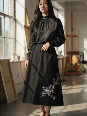 Sag Harbor Black Midi Skirt with White Floral Embroidery